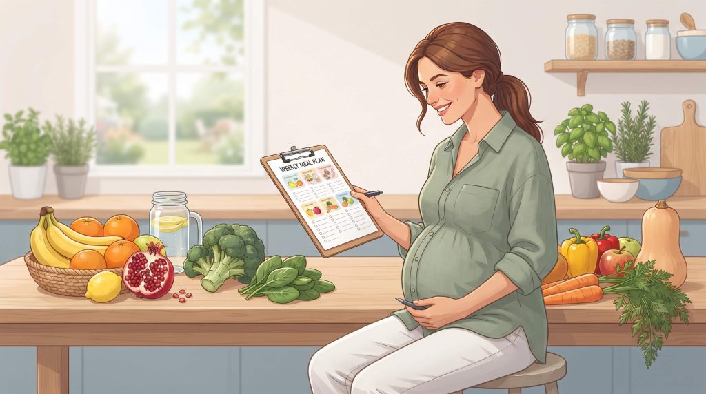 A clean editorial-style illustration of a pregnant woman consulting a healthy meal plan surrounded by fresh vegetables and fruits including banana, orange, lemon, pomegranate, broccoli, spinach, carrot and pumpkin. Soft natural colors, modern newspaper infographic style, realistic vector illustration, no text, high resolution.