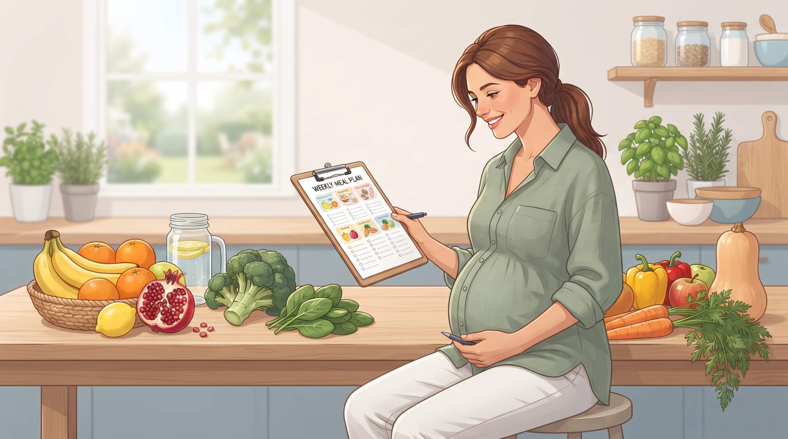 A clean editorial-style illustration of a pregnant woman consulting a healthy meal plan surrounded by fresh vegetables and fruits including banana, orange, lemon, pomegranate, broccoli, spinach, carrot and pumpkin. Soft natural colors, modern newspaper infographic style, realistic vector illustration, no text, high resolution.