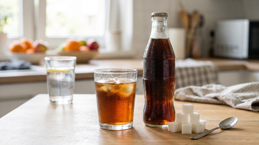 কোমল পানীয়ে থাকা অতিরিক্ত চিনি ও সম্ভাব্য স্বাস্থ্যঝুঁকি বোঝাতে প্রতীকী ছবি